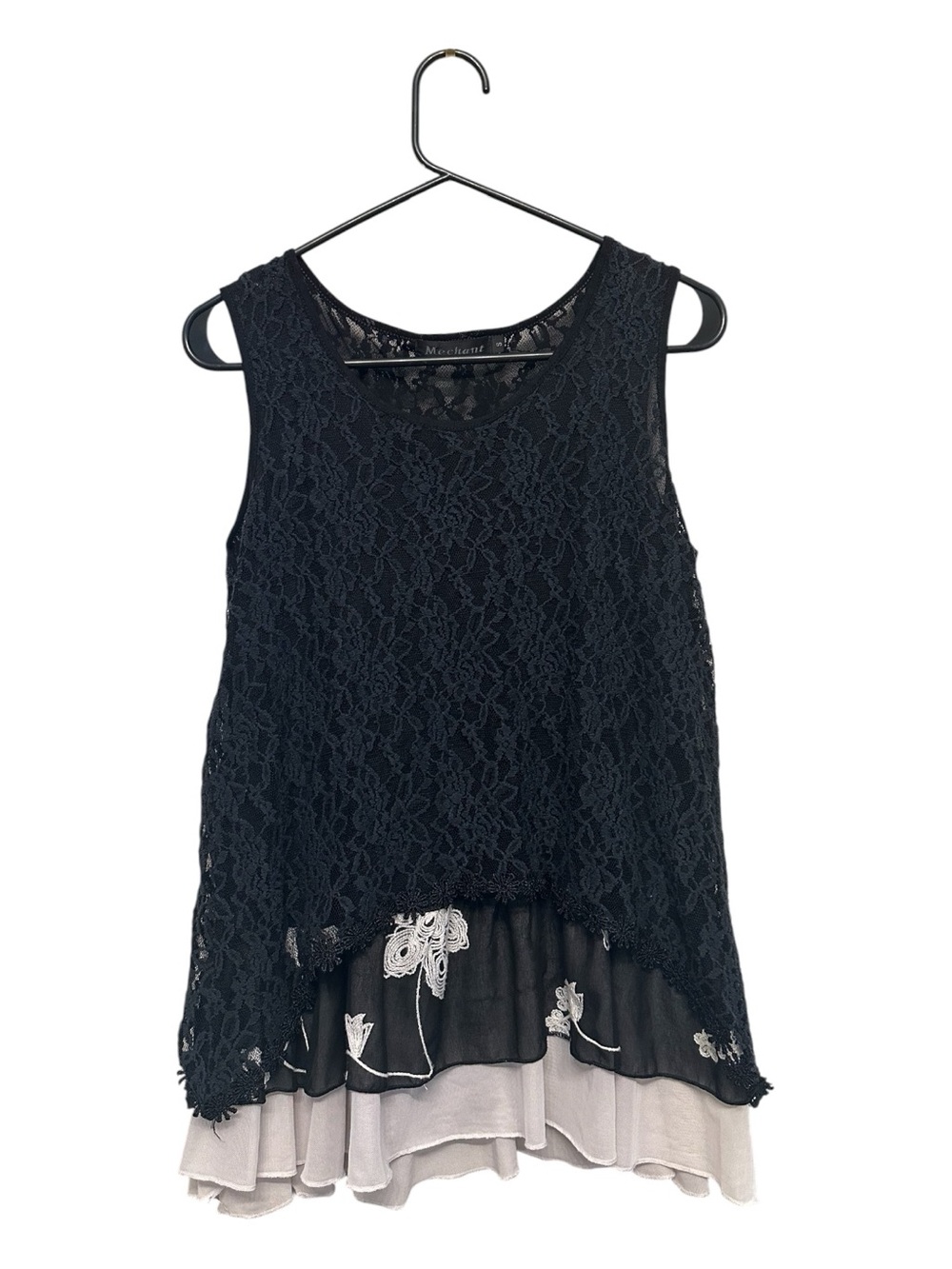 Mechant Black Sheer Lace Layered Tunic with Floral Patterned & Cream Hem Small
